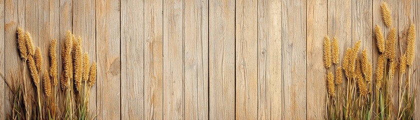 Naklejka premium Dried Wheat Stalks Symmetrically Arranged on a Rustic Wooden Background Showcasing Natural Textures and Earthy Tones for Agricultural Themes and Crafts