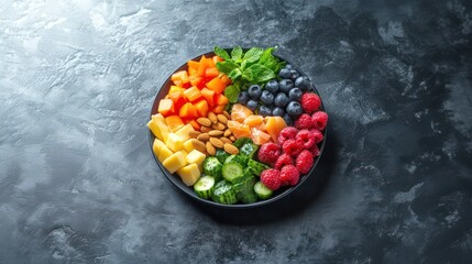 Elegant Fruit and Vegetable Arrangement with a Breathtaking Color Palette.