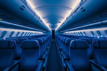 luxurious airplane cabin with comfortable blue seats; empty, ready for a comfortable flight
