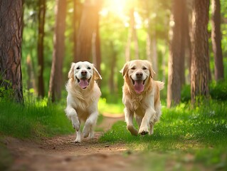 happy dogs playing in beautiful forest in summer, afternoon sun 