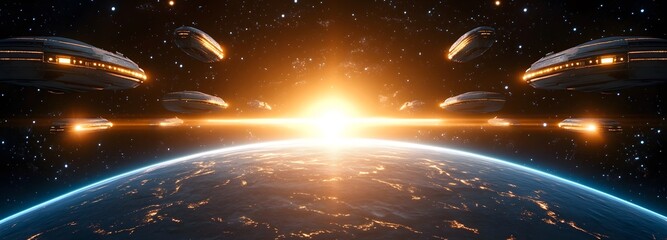Obraz premium A breathtaking view of an intergalactic transport station, with massive starships docking and departing