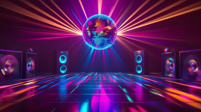 colorful disco ball and colorful speakers on dancefloor lit up with rays  of colored light