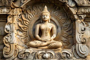 Ancient statue great Buddha on bright holiday composition, abstract vivid composition consists of fictional unreal fantastic vision on background