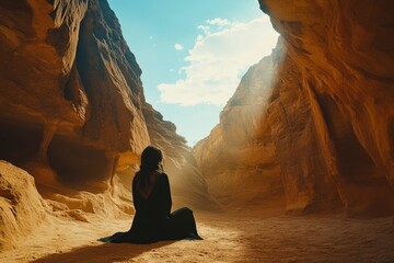 Woman Meditating in Desert Canyon Seeking Sunlight and Inner Peace