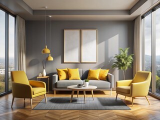 Tilt-Shift Mockup: Yellow Living Room with Canvas Frame & Grey Wall