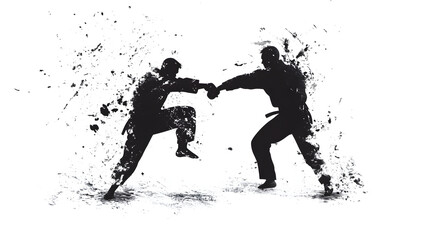 Silhouette of two martial artists engaged in a dynamic combat stance, showcasing a powerful exchange.