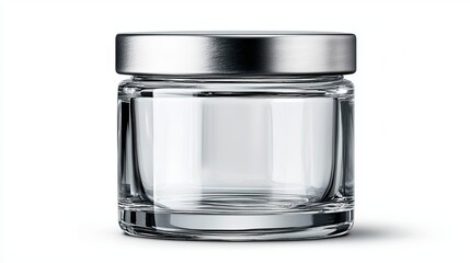 Clear glass jar with a sleek metal lid, perfect for storing various items.