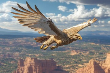 Naklejka premium Majestic eagle soaring over a dramatic landscape with mountains and clouds