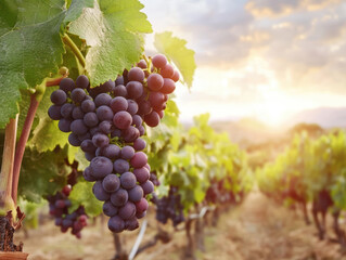 Closeup of ripe purple grapes hanging on a vine in sunny vineyard ripe
