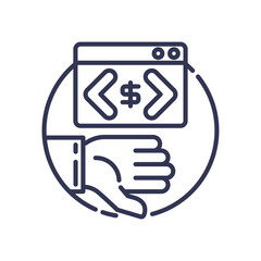 Hand supporting code window with dollar sign, symbolizing monetizing development skills.