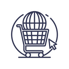 Shopping cart with globe and cursor symbolizes global ecommerce.