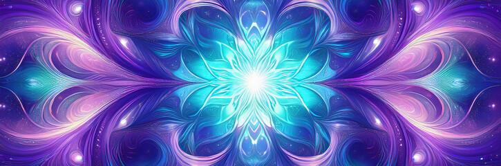 Mystical blue and purple abstract background with starry elements and swirling patterns. Symmetrical mystical blue and purple abstract background. Vibrant wallpaper bright emerald to soft lavender