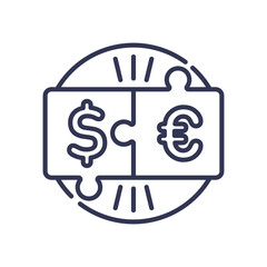 Puzzle pieces with dollar and euro symbols symbolize financial integration and fit.