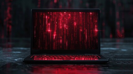 Data breach alerts on a laptop showcasing red digital malware patterns in a cyber environment
