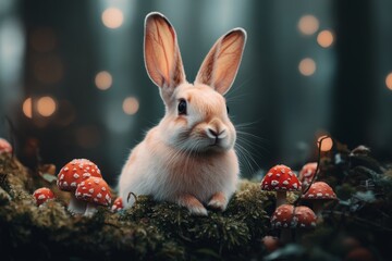 A rabbit exploring a whimsical forest with vibrant green moss and mushrooms, looking alert and curious
