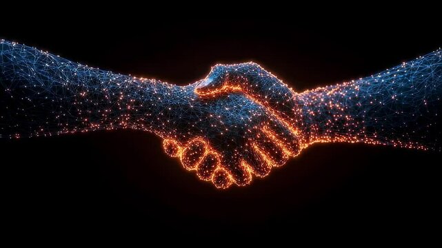 Two digital hands composed of glowing networks clasp in a handshake, symbolizing partnership and interaction in a digital environment