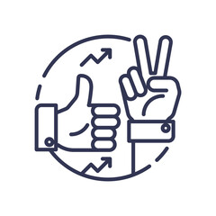 Thumbs up and peace sign symbolize positive market communication and growth.