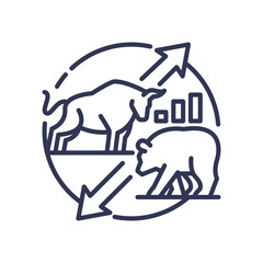 Bull and bear with arrows symbolize market trends and dynamics.