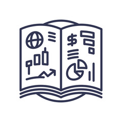 Open book with market charts and symbols, representing financial analysis.