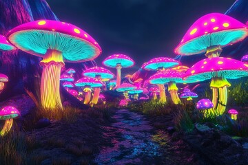 Fototapeta premium Vibrant glow of neon mushrooms under a starry night sky in a mystical forest landscape
