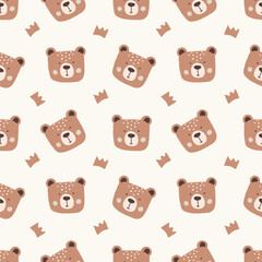 Cute seamless animals pattern featuring playful bear faces and crowns. Vector illustration