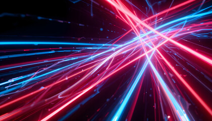 Obraz premium Dynamic abstract representation of colorful light beams in red and blue intersecting against a dark background creating a sense of movement and energy