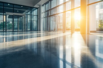 Fototapeta premium A modern office building entrance with a glass curtain wall and concrete floor, a city landscape background