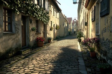 Naklejka premium Sun-Drenched Cobblestone Street Showcases Ivy-Covered Buildings and Flower Pots