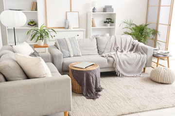 Interior of light living room with grey sofas and shelf units