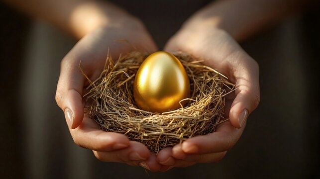 Close-up of hands cradling a golden egg in a nest, symbolizing hope and security. Ideal for financial branding, spring promotions, or Easter-themed designs.