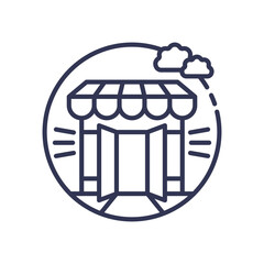 Line art of a retail shop with open doors, symbolizing welcoming business.