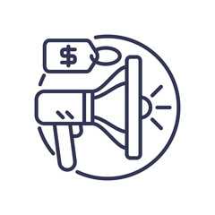Megaphone with price tag symbolizes marketing and advertising costs.
