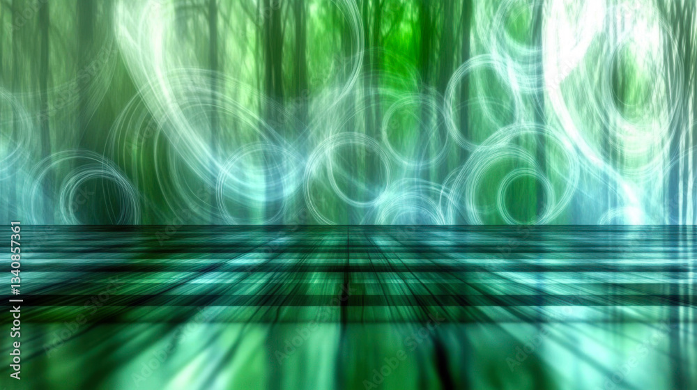 Poster abstract green background with swirling light patterns suggesting motion and depth in a mystical for