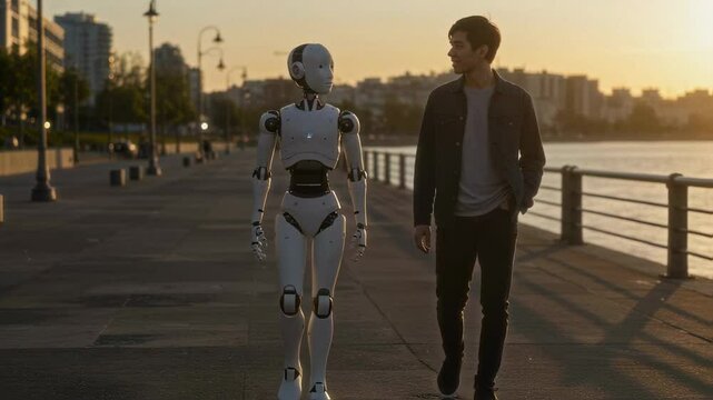 A man and a humanoid robot walk along a riverside promenade at sunset, symbolizing the harmony between humans and artificial intelligence in the modern world