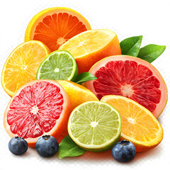 Fototapeta premium A vibrant array of halved citrus fruits including oranges grapefruit and limes complemented by a scattering of blueberries.