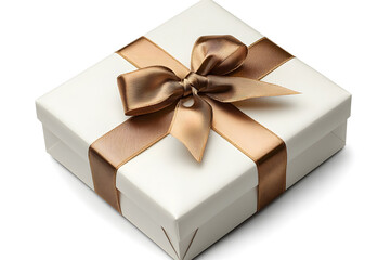 Obraz premium A white gift box adorned with a lustrous gold ribbon and a perfectly tied bow isolated on white.