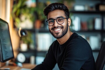 Obraz premium A handsome, smiling young Indian man with glasses and a beard, sitting at a desk in front of a computer screen. He is wearing a black long-sleeve shirt, a casual work or study outfit. 
