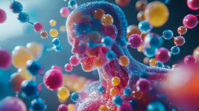 Colorful representation of human anatomy surrounded by molecular structures in a futuristic setting