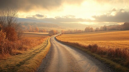 A scenic dirt road winds through golden fields under a dramatic sky, bathed in warm sunlight as the day transitions to evening.