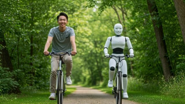 A young man and a humanoid robot ride bicycles together along a forest path, symbolizing the seamless integration of AI into everyday human activities