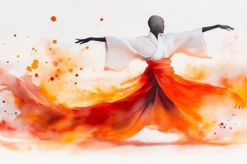 A soft watercolor painting of a masked dancer performing gracefully under the glow of festival lights, with flowing robes blending into the background