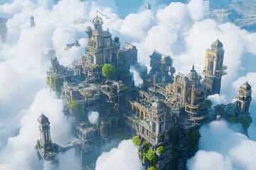 Fototapeta premium City of clouds with towering skyscrapers and serene blue sky at sunset