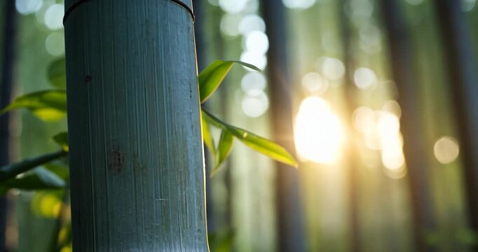 Close-up of a bamboo stalk in a forest at sunset. Warm, golden sunlight filters through the bamboo grove, creating a serene atmosphere. Green leaves and bokeh effects enhance the scene's tranquility
