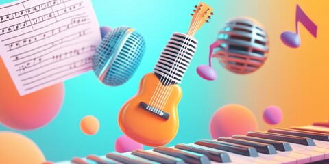 Vibrant Music Composition: 3D Render of Guitar, Piano, and Musical Notes