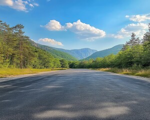 Driving on Scenic Asphalt Road Through Green Mountain Valley Under Blue Sky