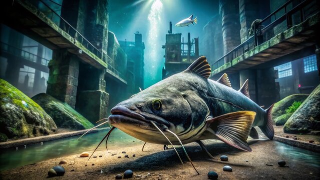 Underwater Giant Catfish, Silurus Glanis, Urban Exploration Photography