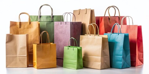 Unmarked Shopping Bags Mockup: Craft Paper & Cardboard Packaging, Top, Front & Side Views on White Background