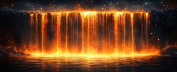Fiery waterfall fantasy landscape; night scene