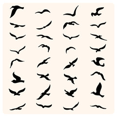 A set of vector silhouettes features a flock of flying birds on a cream background, perfect for tattoo designs or nature-themed art.