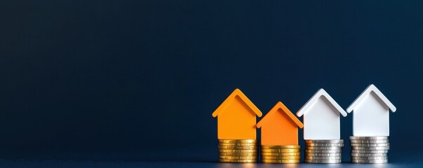 Three miniature houses orange and white colors are placed stacks of coins, symbolizing real estate investment and financial growth. dark background enhances focus houses and coins, creating